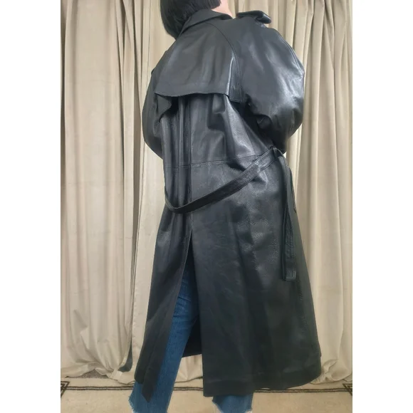 Vintage Black Genuine Leather Double Breasted Trench Coat - Picture 4 of 8